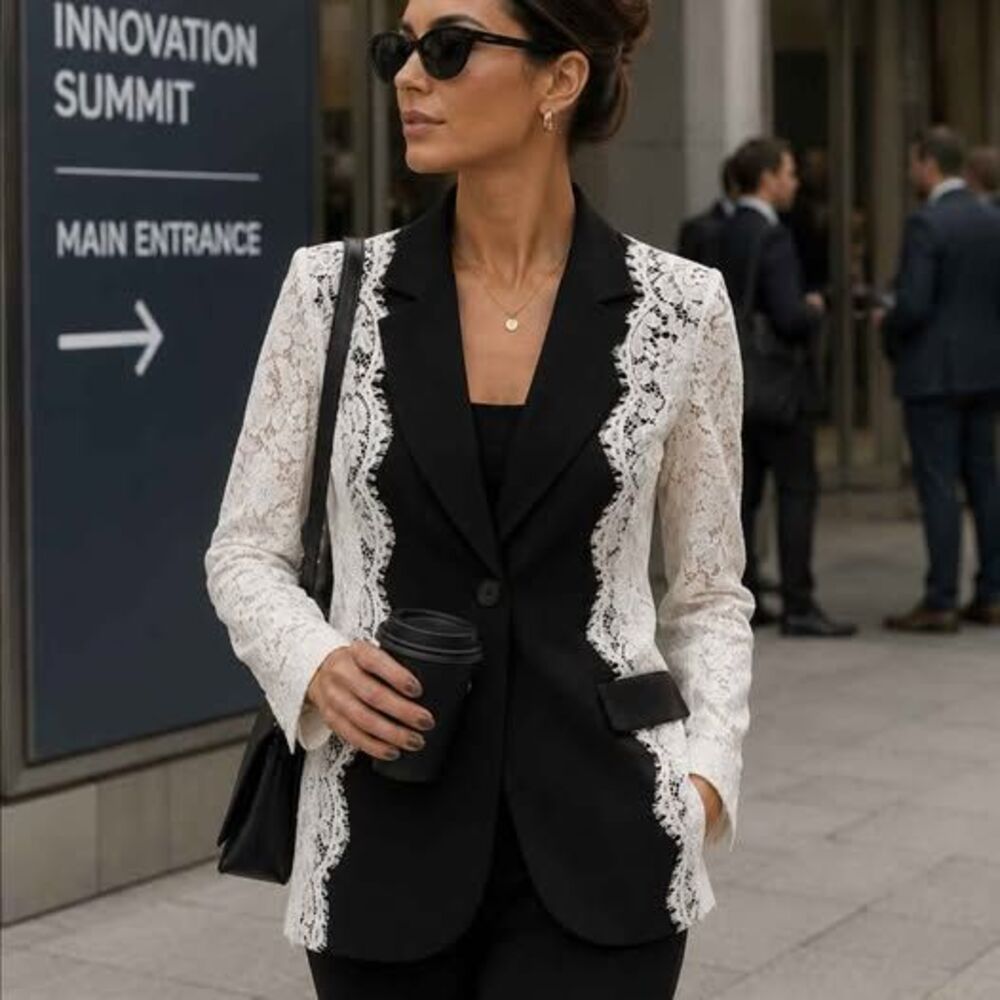 Madonna & Co Women’s Lace Blazer Size L Black White Elegant Formal Jacket